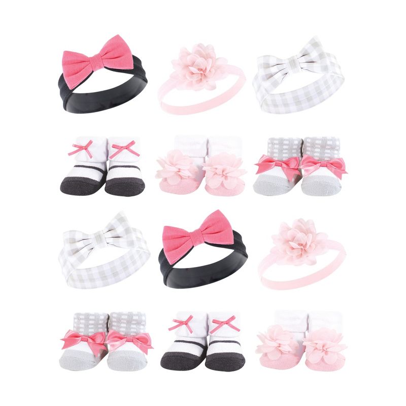 Hudson Baby Infant Girl 12Pc Headband and Socks Giftset, Pink Charcoal, One Size, 1 of 3