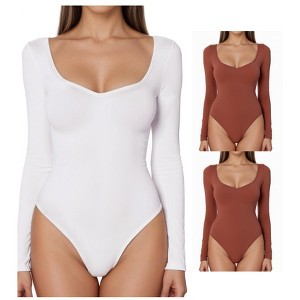 INSPIRE CHIC Women's Bodysuit Long Sleeve Regular Fit V Neck Tummy Control Brief Shapewear 3 Packs - 1 of 4