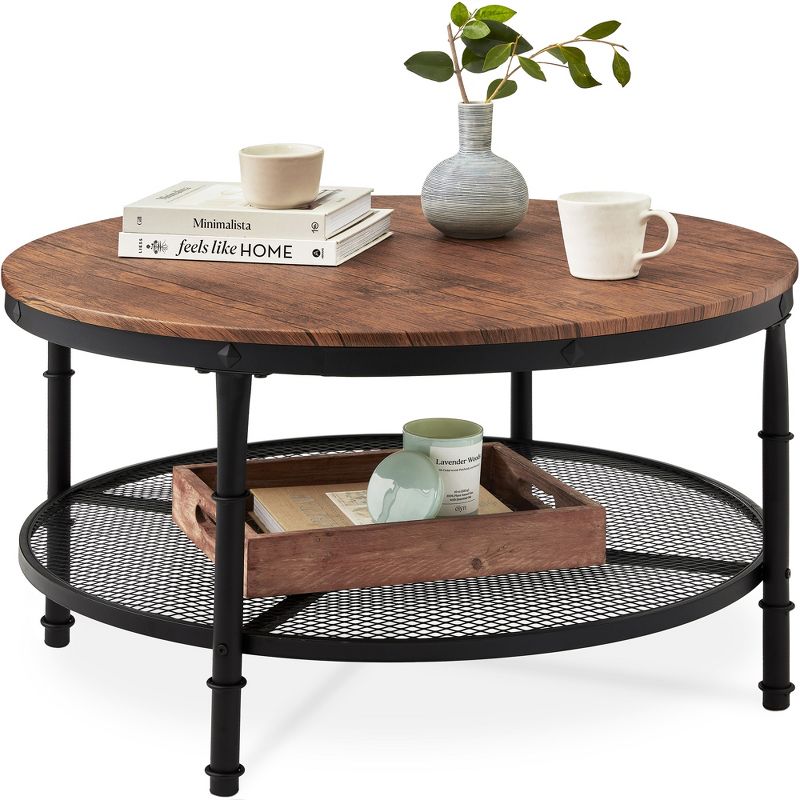 Best Choice Products 2-Tier Round Coffee Table, Rustic Accent Table w/ Wooden Tabletop, Padded Feet, Open Shelf, 1 of 11