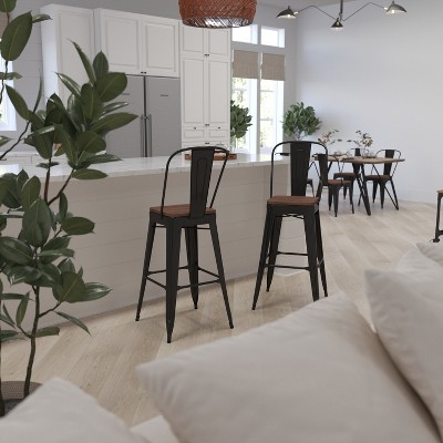 Industrial Black Metal Bar Stool with Wood Seat