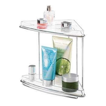 mDesign Steel/Plastic 2-Tier Freestanding Bathroom Corner Organizer Shelf, Clear