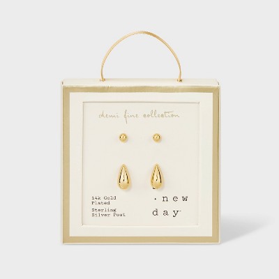 14K Gold Plated Brass Ball Teardrop Earring Set 2pc - A New Day™ Gold