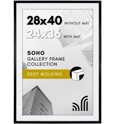 Americanflat 28x40 Poster Frame with Polished Plexiglass - 24x36 with Mat or 28x40 Without Mat - Soho - Deep Molding Picture Frames - Black