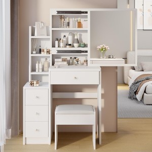 KTMBDW Vanity Desk with Right sliding mirror, Vanity Desk Set with 4 Storage Drawer and Cushioned Stool for Bedroom - 1 of 4