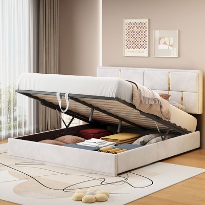 NicBex Queen Upholstered Bed Frame with Ottoman and Lift Up Storage,Platform Bed Frame with Black and Gold Headboard,No Box Spring Needed,Beige
