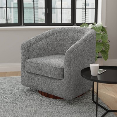 Gray Faux Leather Swivel Barrel Accent Chair with Wood Base