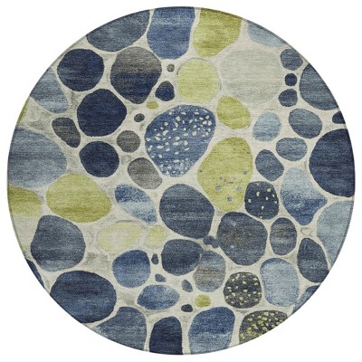 Denim Blue Ivory And Lime Green Geometric Washable Indoor Outdoor Area Rug