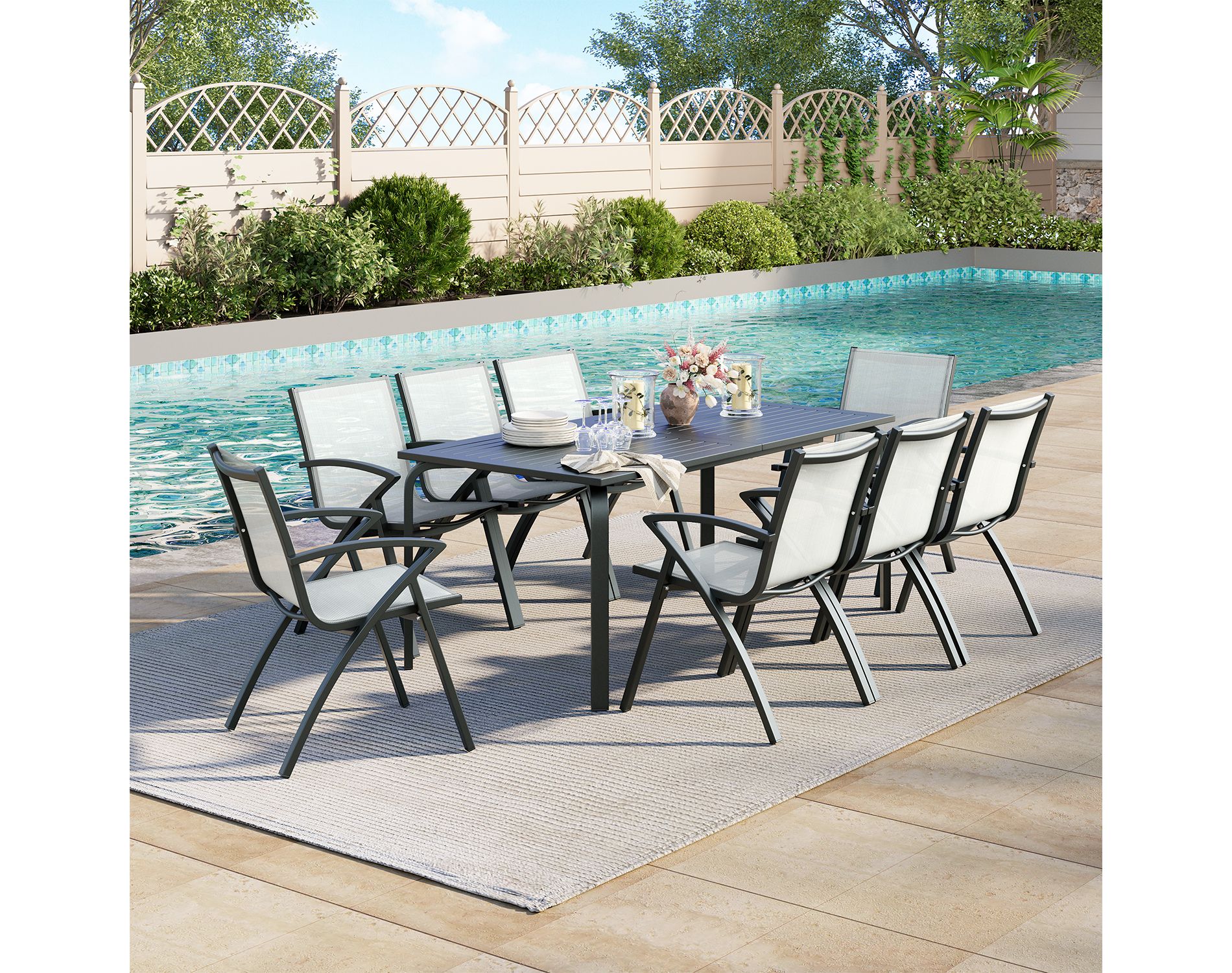7 PCS Aluminum Patio Dining Set, Outdoor Furniture Set with 6 Stackable Aluminum Dining Chairs and Aluminum Square Table, Black
