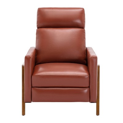 Modern Caramel Leather and Wood Push Back Recliner