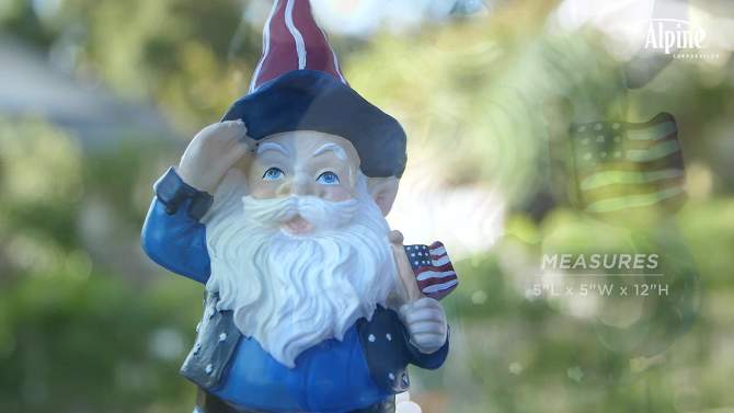 12&#34; Polyresin/Stone Americana Saluting Gnome with Flag Red/White/Blue - Alpine Corporation, 2 of 8, play video