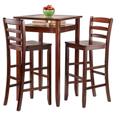 Walnut Transitional Pub Table with Glass Inset and 2 Chairs
