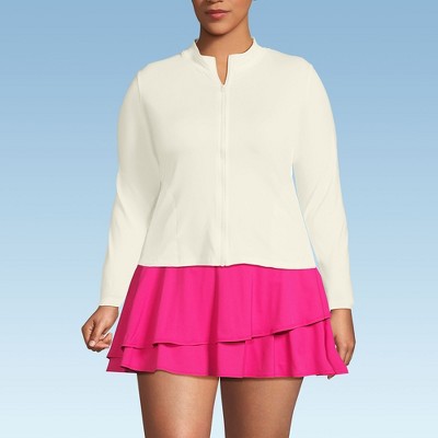 Lands' End Women's Cooling Zip Front Long Sleeve Mock Neck UPF 50 Sun Protection Rash Guard