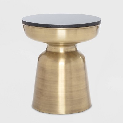 Adler 16" Round Black Granite Top Brass Metal Side Table