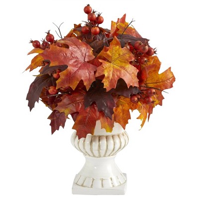 Nearly Natural 20-in Autumn Maple Leaf and Berries Artificial Plant in White Urn