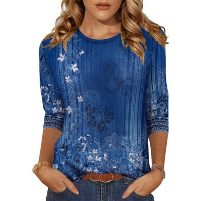 Women's 3/4 Sleeve Tunic Tops Soft Round Neck Casual T Shirts for Women Cute Basic Blouses for Business Work