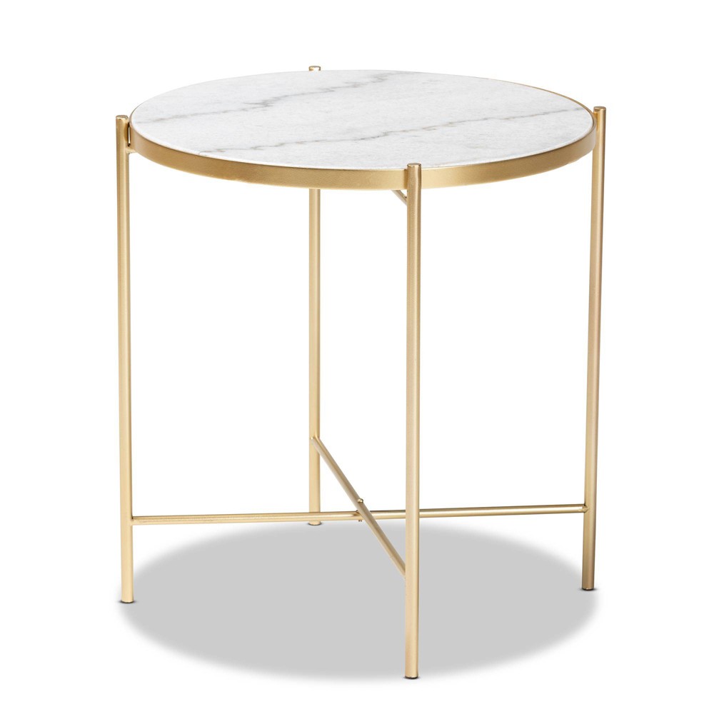 Photos - Coffee Table Maddock Metal End Table with Marble Tabletop White/Gold - Baxton Studio