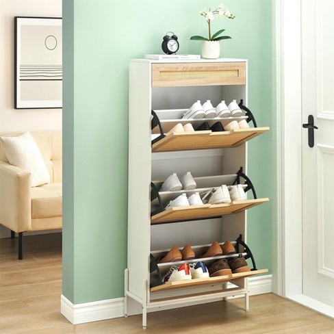 Natural Rattan 3 Flip Door With 1 Drawer Shoe Rack Storage Cabinet : Target