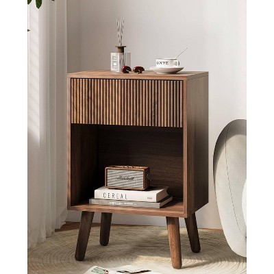 Fluted Nightstand, Modern Bedside Table with Storage Drawers and Open Wood Shelf, Night Stand with Solid Wood Legs