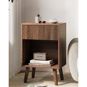 Fluted Nightstand, Modern Bedside Table with Storage Drawers and Open Wood Shelf, Night Stand with Solid Wood Legs - 1 of 4