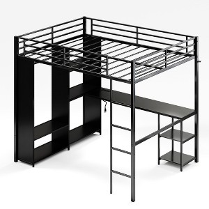 Queen Size Loft Bed with Desk and Storage Shelves, Metal Gaming Loft Bed Queen with Hanging Rod, Wardrobe, Guardrail and Ladder, Space Saving Design - 1 of 4
