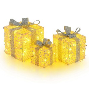 Costway 3 PCS Christmas Lighted Gift Boxes with 90 LED Lights Zip Ties Ground Stakes - 1 of 4