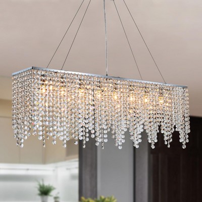 Ludomide Crystal Rectangular Raindrop Chandelier, Modern Lighting Fixture for Dining Room Kitchen Island-Polished Chrome