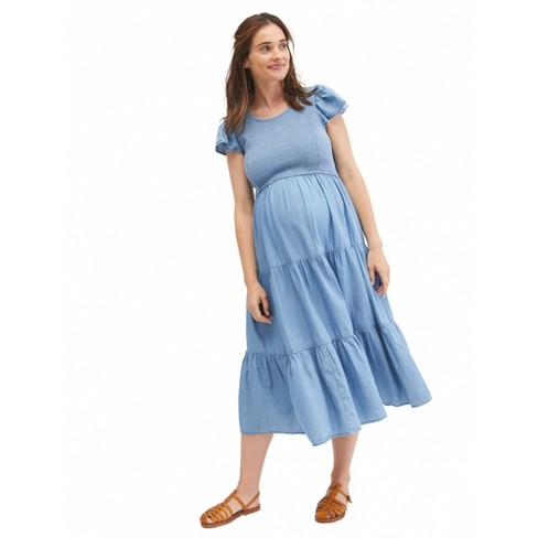Smocked Flutter Sleeve Maternity Dress-chambray-xs | Motherhood ...