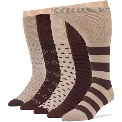Men Diabetic Non-Binding Cotton Socks - Mid Calf - Patterned Solid 5 Pack Large/XL - Black, Brown, Dark Grey, Khaki | 7BIGSTARS KINGDOM