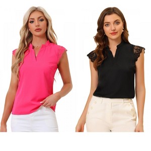 INSPIRE CHIC Women's Work Office V Neck Stand Collar Lace Cap Sleeve Basic Blouse 2 Pieces - 1 of 4