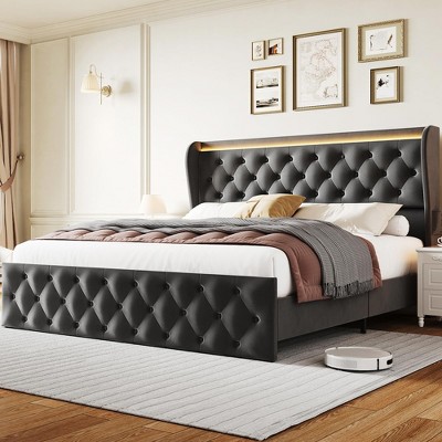 Whizmax Bed Frame with Charging Station, Tall Upholstered Bed Frame with Wingback Headboard, Button Tufted, Noise-Free, No Box Spring Needed, Gray