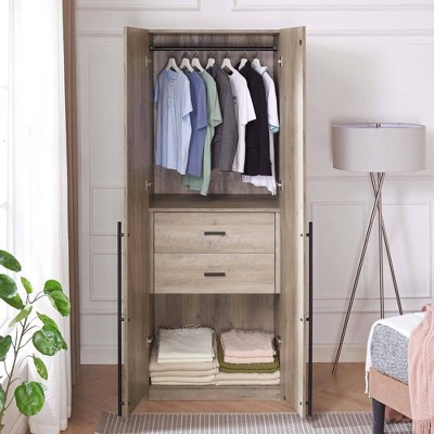 Rustic Gray 2-Door Hinged Wardrobe Closet with Metal Handles