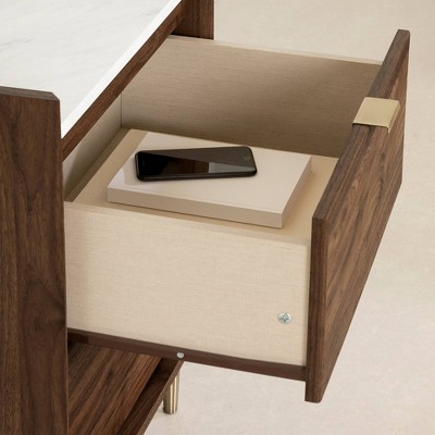 Natural Walnut and White Stone 2-Drawer End Table with Brass Legs