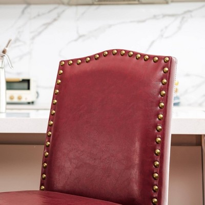 Elegant Red Leatherette Adjustable Barstool Set with Studded Detail