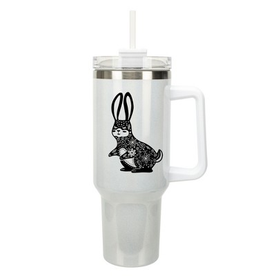 Elanze Designs 40 Ounce Travel Tumbler With Straw and Lid Stainless Steel Double Wall Insulated Gentle Floral Rabbit White Glitter