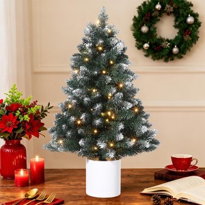 3 Feet Small Pre-Lit Snow Flocked Christmas Tree - 40 Warm White Lights, Includes Pot, No Assembly Required, Tabletop Decor for Apartments - 1 of 4