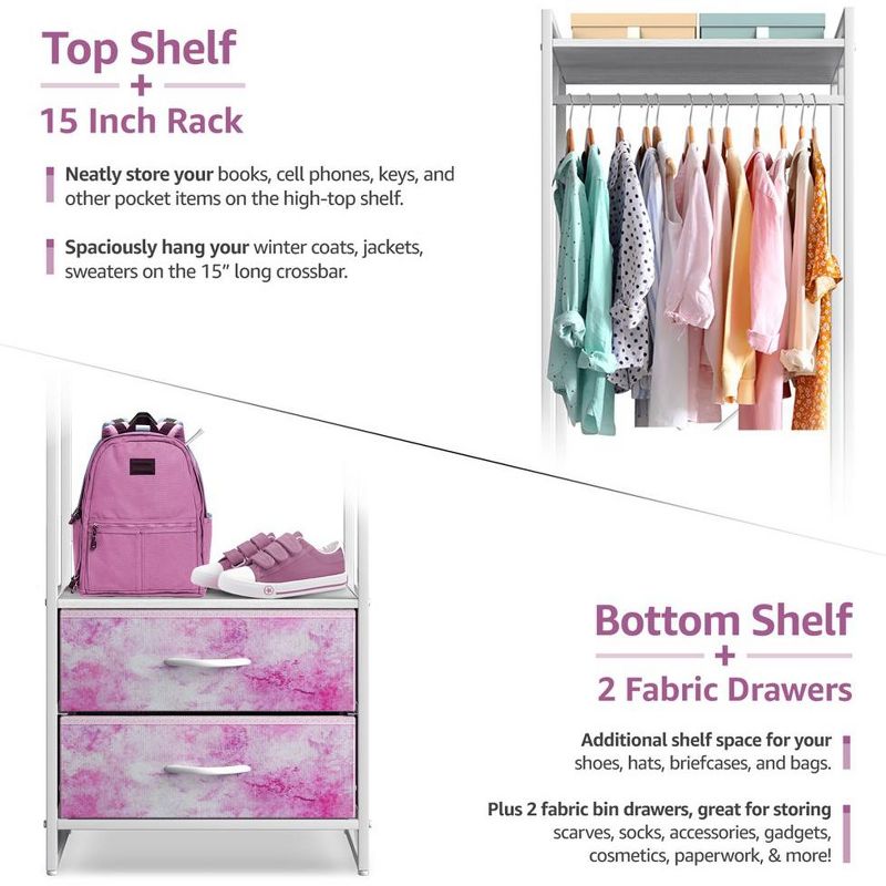 Sorbus Clothing Rack with 2 Drawers -Wood Top, Steel Frame, and fabric Drawers Storage Organizer for Hanging Shirts, Dresses, and more (Tie Dye Pink), 5 of 6