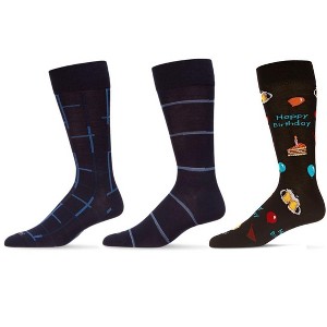 MeMoi Men's 3 Pair Pack Novelty Happy Birthday Crew Socks Black-Black 10-13 - 1 of 4