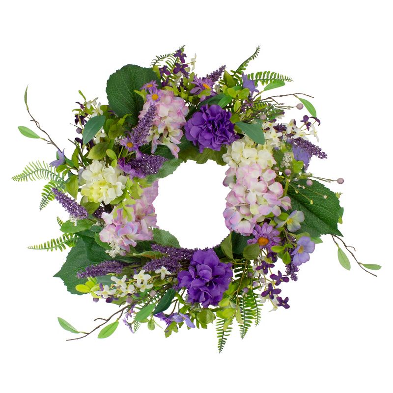 Northlight Hydrangea and Foliage Spring Floral Twig Wreath, Purple 26", 1 of 6