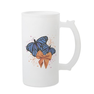 Elanze Designs Freezable Beer Stein Mug With Thumb Grip Handle, 16 Ounce Frosted Glass, Blue Monarch Butterflies