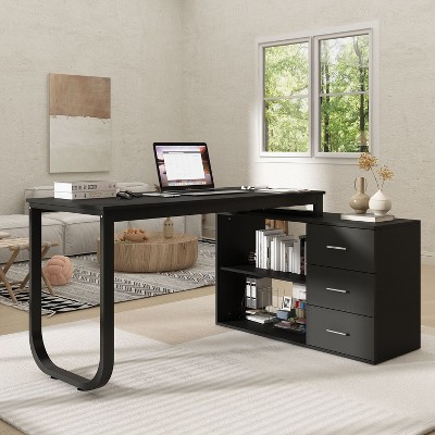 Famapy L-Shaped Computer Desk With Storage Drawers and Adjustable Shelves