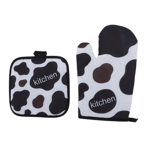 Unique Bargains Oven Mitts and Pot Holder Cow Print Polyester Closed Cell Foam Black White - 1 of 4