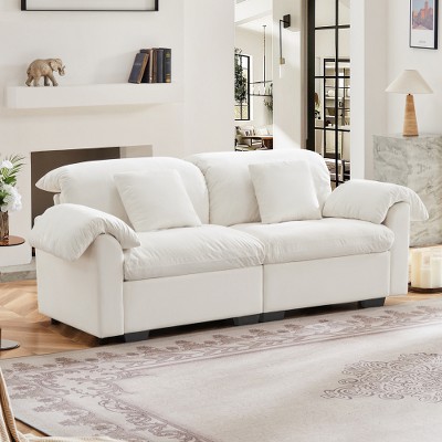 MYINDA Velvet 2 Seater Deep Seat Sofa for Living Room, Fluffy Armrest Pillows and Backrest, Couch With Storage Under Each Seat, BEIGE
