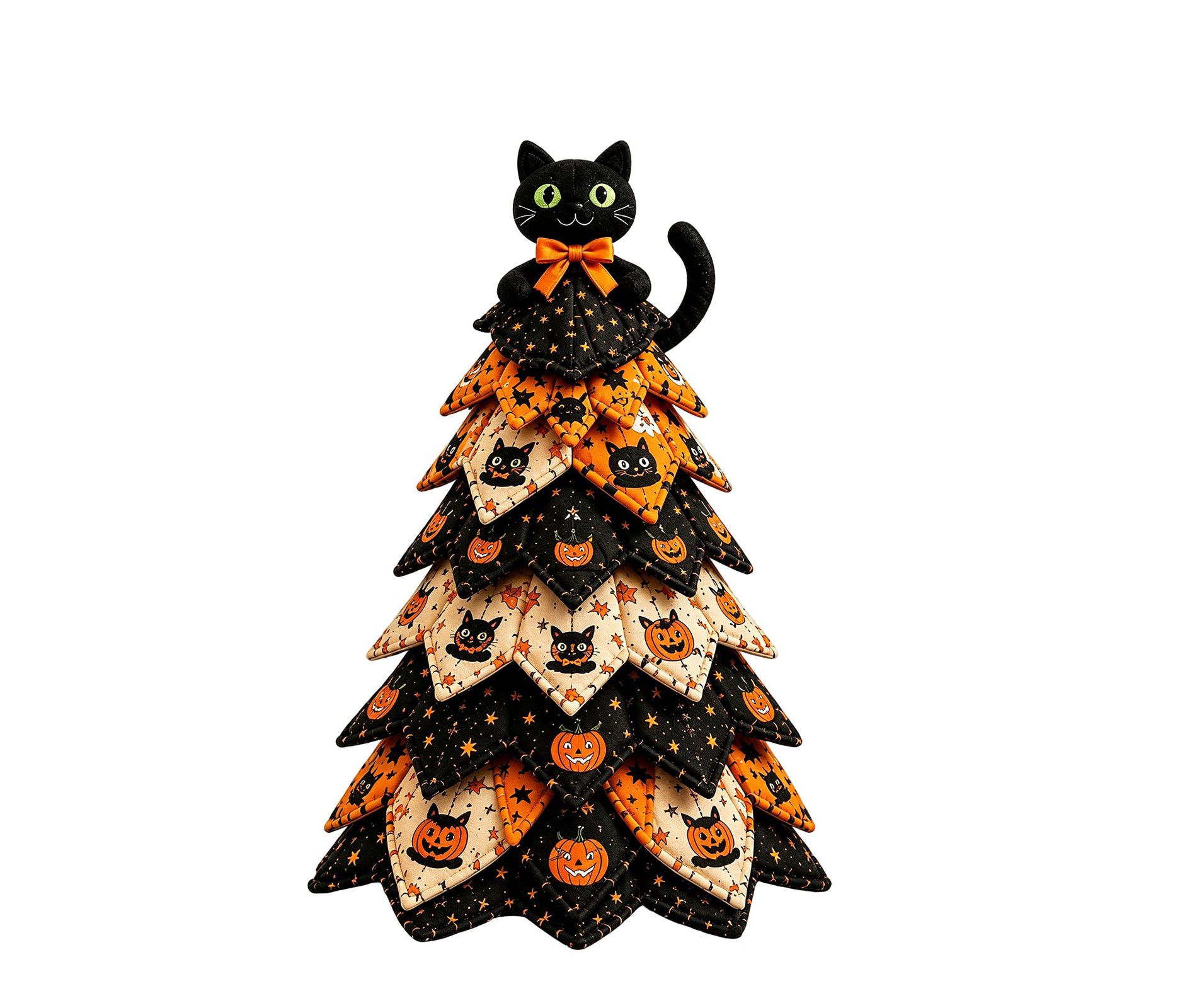DIY Halloween Quilted Tree Kit with Large Black Cat, Hand Sewn 3D Decor Tree, DIY Craft Decoration for Halloween Party Tabletop