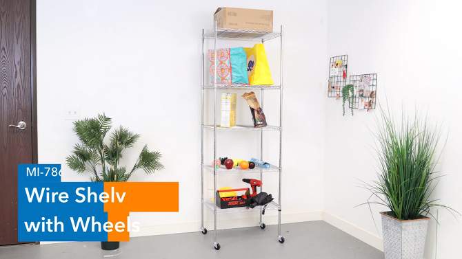 Mount-It! Height Adjustable 5 Tier Wire Shelving with Wheels | Rolling Garage Shelves, Closet Metal Racks with Shelves and Shelving or Utility Shelf, 2 of 10, play video