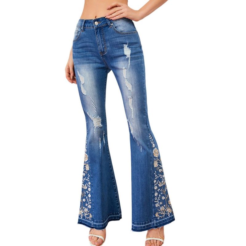 Anna-Kaci Women's Floral Daisy Embroidered Mid Rise Bell Bottom Jeans, 1 of 7