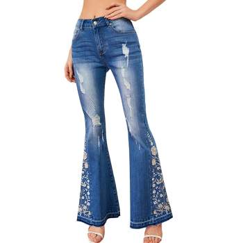 Anna-Kaci Women's Floral Daisy Embroidered Mid Rise Bell Bottom Jeans