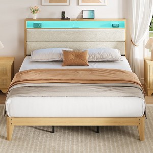 Coucheta Full Size Boucle Bed Frame with Headboard and LED Lights, Upholstered Platform Bed Frame with Charging Station - 1 of 4