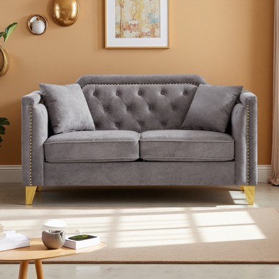 81" Chenille Mid-Century Sofa with Pull Buckle, Button Tufted Armrest & Copper Nail