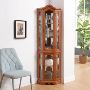 70.3 in Lighted Corner Curio Cabinet with Adjustable Glass Shelves and Mirrored Back, Traditional Display for Living Room or Bedroom-3irtyhousy - 1 of 4
