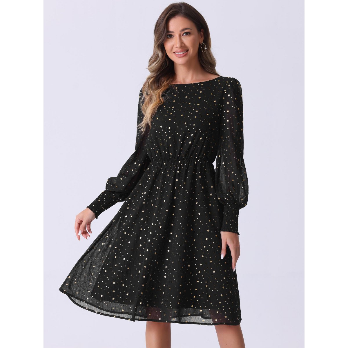 Женские платья INSPIRE CHIC Women's Puff Long Sleeve Elastic Waist Glitter Stars Boat Neck Mesh Dress Black X-Large — фото 3